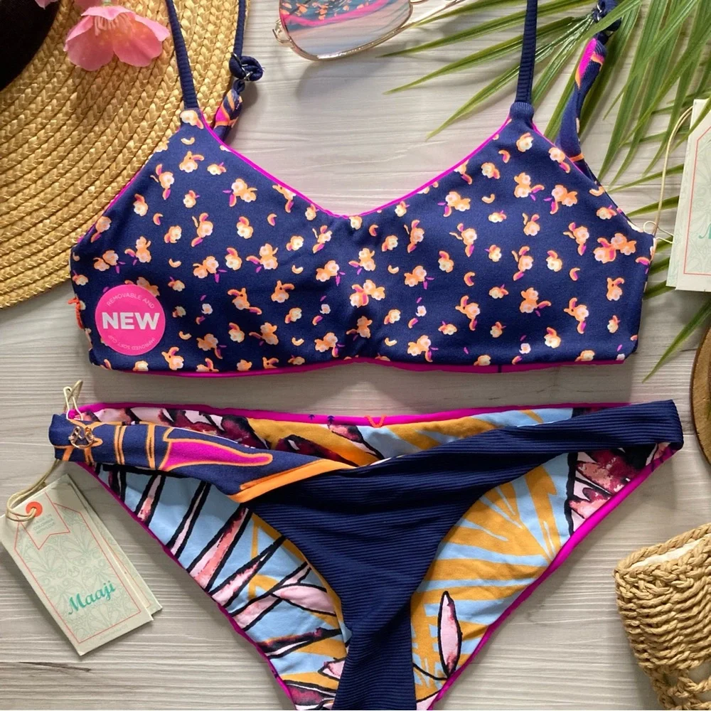 RARE Maaji • Reversible Tropical Floral Bralette Bikini Top | Thin Side Bottoms